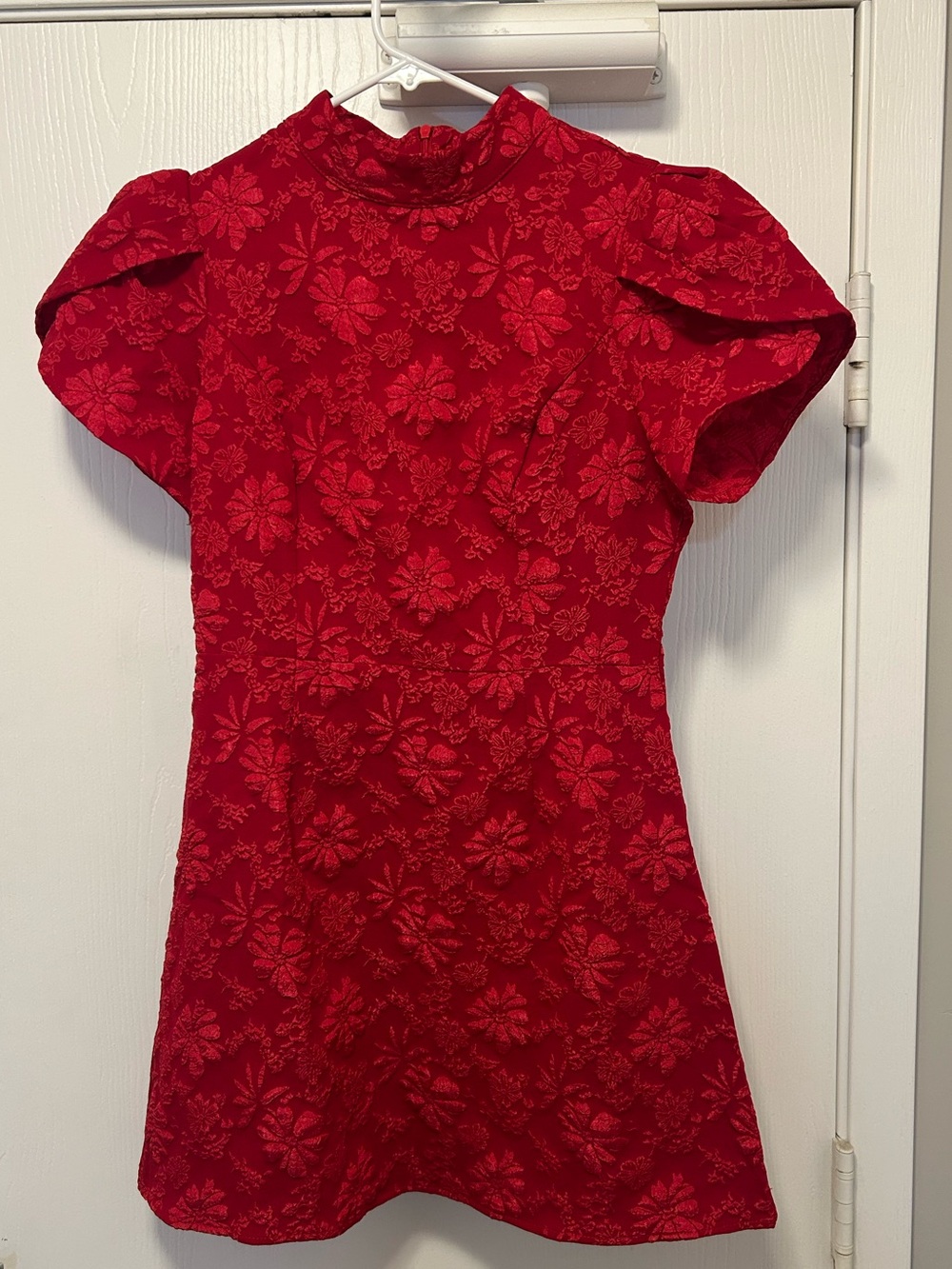 Red Floral Jacquard Puff-Sleeve Mini Dress